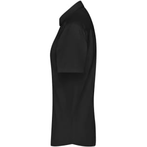 A black ladies' button-up shirt with short sleeves, featuring a collar and a logo.