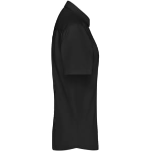 A black button-up shirt with short sleeves, featuring a collar and a logo.