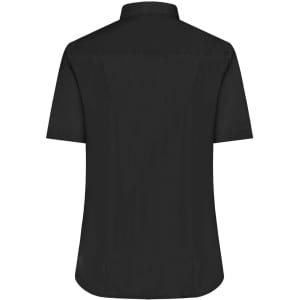A black short-sleeve button-up shirt with a smooth finish and a collar, featuring a logo on the back.