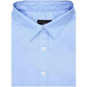 A light blue button-up ladies shirt made from micro-twill fabric, featuring a collar and buttons.