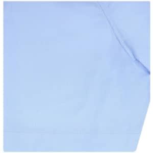 A light blue button-up shirt with short sleeves, featuring a branded logo.