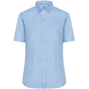 A short-sleeved button-up shirt in light blue, featuring a classic collar and a button front, with a logo.