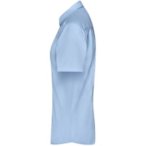 A light blue ladies button-up shirt with short sleeves, featuring a logo on the chest.