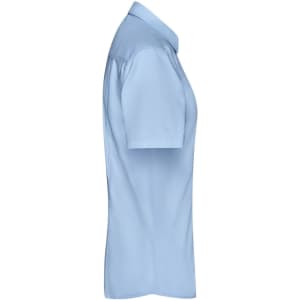 A light blue ladies button-up shirt made of micro-twill, featuring short sleeves and a collar. It has a logo.