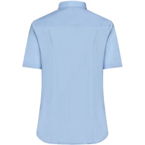 A light blue ladies button-up shirt with short sleeves and a back view. It features a simple design and a logo.