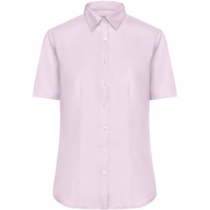A short-sleeved button-up shirt in a light purple hue, featuring a collar and a front button closure.