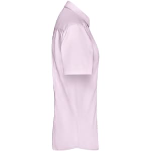 A ladies' button-up shirt in light pink, featuring short sleeves and a classic collar, with a logo.