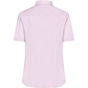 A short-sleeved, button-up ladies shirt in a soft lavender colour, featuring a plain back design and a collared neckline.