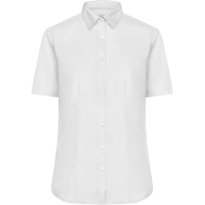 A white short-sleeve button-up shirt features a collar and a front placket with buttons. It has a logo on the design.