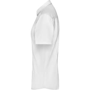 A white short-sleeved button-up shirt with a collar and a logo on the side.
