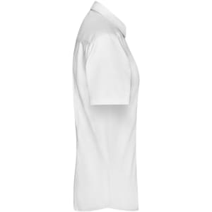 A white button-up shirt with short sleeves, showcasing a clean side profile. It features a collar and a logo.