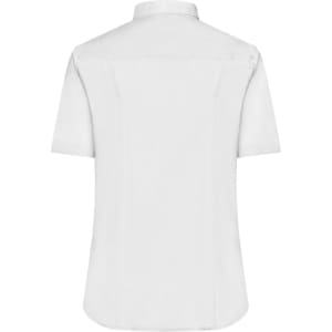 A white short-sleeve button-up shirt with a smooth micro-twill fabric and a back view. It features a logo.