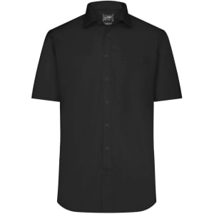 A black short-sleeved button-up shirt with a pocket and a collar, featuring a logo on the label.
