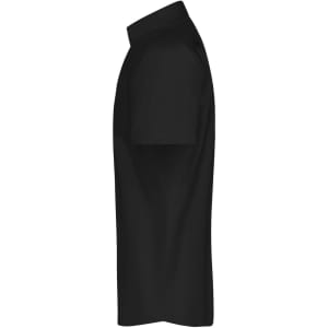 A black short-sleeved button-up shirt from the "Mens Shirt S-S Micro-Twill" collection, featuring a collar and a logo.