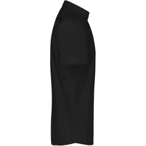 A black button-up shirt featuring short sleeves and a classic collar, with a logo on the side.