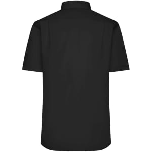 A short-sleeve black button-up shirt featuring a classic collar and a back view. The shirt has a logo.