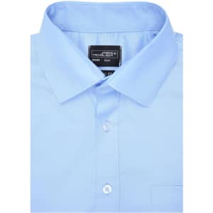 A light blue button-up shirt with a branded label, featuring a standard collar and a chest pocket.