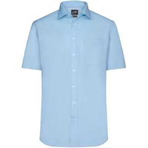 A light blue short-sleeved button-up shirt with a chest pocket and a logo on the collar.