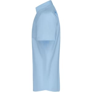 A light blue men's short-sleeve button-up shirt with a collar. Features a logo on the side.