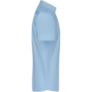 A light blue short-sleeve button-up shirt with a collar, featuring a logo on the side.