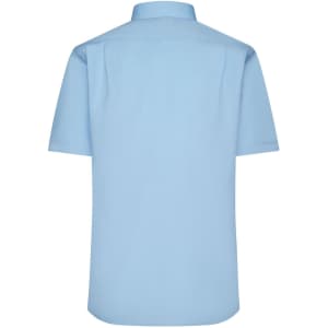 A light blue short-sleeved button-up shirt with a plain back and a collar. It features a logo.