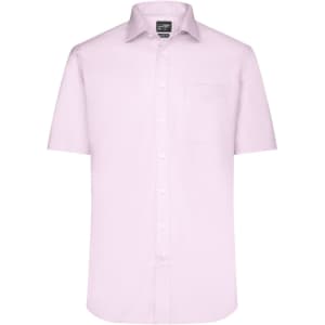 Short-sleeved, button-up men's shirt in pale pink with a chest pocket and brand logo.