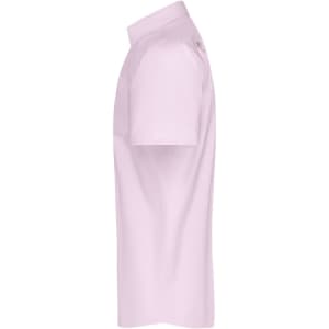 A short-sleeved, button-up shirt in light pink, featuring a collar and a logo.