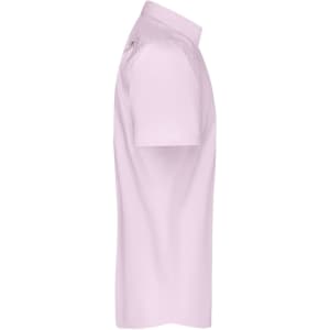 A light pink button-up shirt with short sleeves, featuring a smooth micro-twill fabric and a subtle logo.