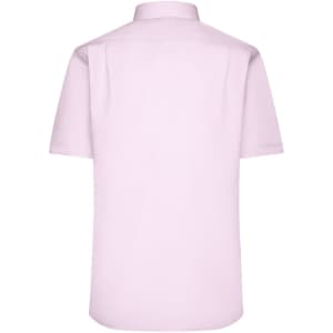 A light pink short-sleeve button-up shirt with a plain back and a collar. It features a logo on the label.