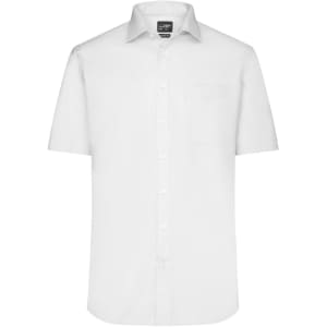 A short-sleeved, white button-up shirt featuring a pocket and a brand logo.