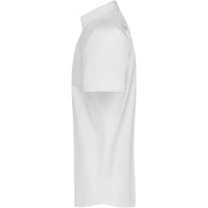 A men's short-sleeve button-up shirt in white with a collar and side view details. Features a logo.