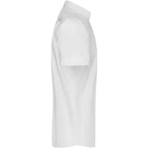 A white short-sleeve button-up shirt made from micro-twill fabric, featuring a collar and a logo.