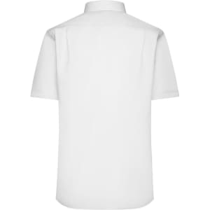 A white short-sleeved button-up shirt with a classic collar and a smooth twill texture. Features a brand logo.