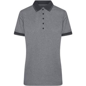 A ladies' heather polo shirt in grey with a dark collar and button placket, featuring a brand logo.
