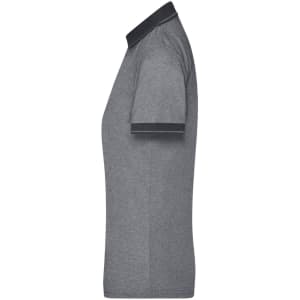 A heather grey polo shirt with a contrast black collar and sleeves, featuring a logo on the chest.