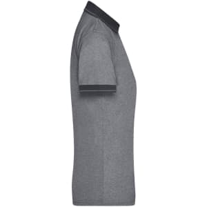 A grey polo shirt with a black collar and sleeve accents, featuring a logo on the side.