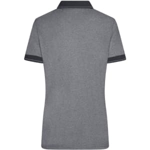 A heather grey polo shirt with a navy collar and cuffs, featuring a branding logo.