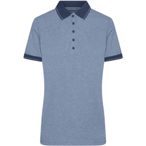 A ladies' polo shirt in heather blue with a navy collar and sleeves. It features buttons and a logo.