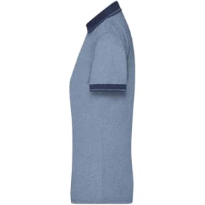 A ladies' heather polo shirt in light blue with navy collar and sleeve trim, featuring a logo.