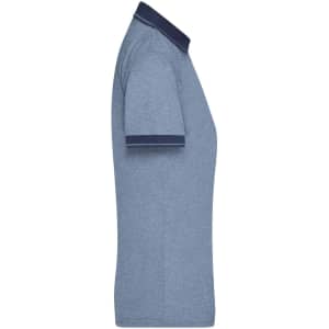 A blue heather polo shirt with a navy collar and sleeves, featuring a logo. Designed for women's wear.