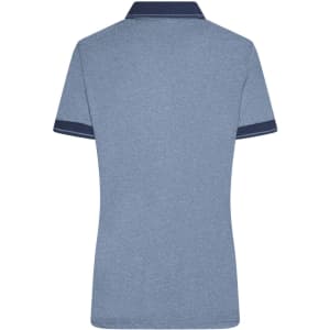 A ladies' polo shirt in heather blue with navy accents on the collar and sleeves. Features a branding logo.