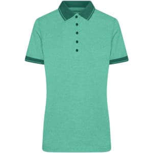 A ladies' heather polo shirt in teal with a contrasting dark green collar and sleeve trims, featuring buttons and a logo.