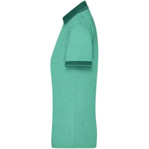 A ladies' polo shirt in heather green, featuring a dark green collar and sleeves, with a subtle logo.