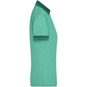 A ladies' polo shirt in heather green with a darker green collar and sleeve trims, featuring a logo.