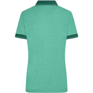 A ladies' polo shirt in heather green with contrasting dark green collar and sleeve trim, featuring a logo.