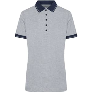 A grey ladies polo shirt with a navy collar and sleeve stripes, featuring buttons down the front. It has a logo.