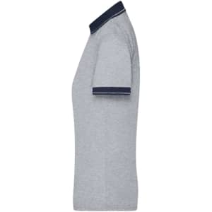 A grey ladies polo shirt with a navy collar and sleeve trims, featuring a logo on the chest.