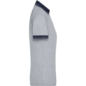A grey ladies polo shirt featuring a navy collar and sleeve trims, with a logo present.