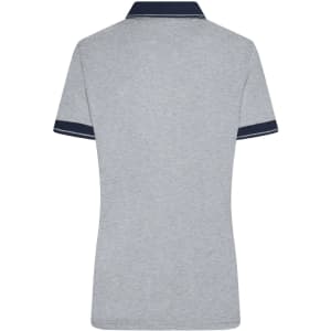 A grey ladies polo shirt with navy accents and a collar. Features a logo on the front.