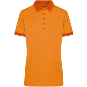 Ladies Heather Polo in vibrant orange with contrasting collar and sleeve details. It features a logo.
